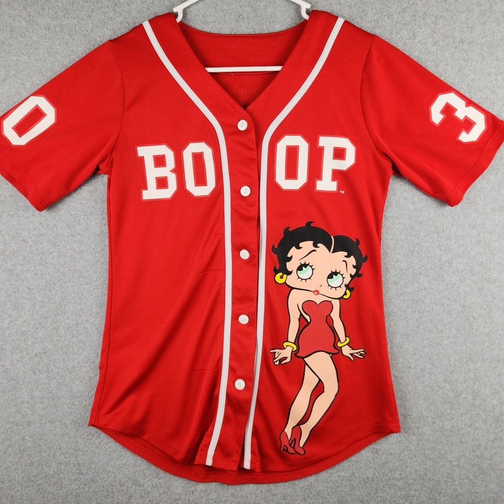 Betty Boop 1930 Red Mesh Baseball Jersey Button Front Shirt Women's Size S Small